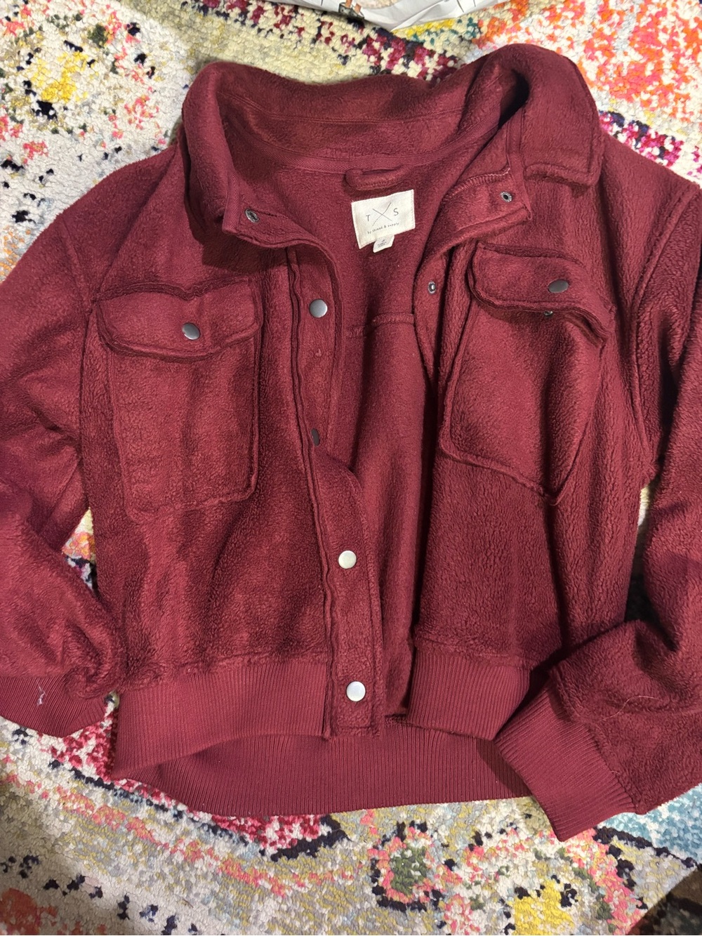 Thread & Supply Burgundy Plush Snap-Front Teddy Jacket